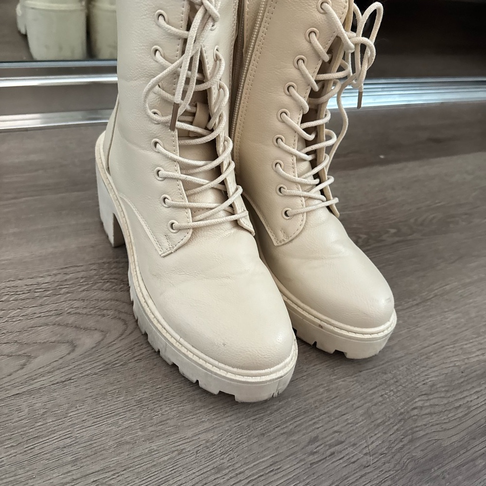 Fashion Nova Cream Lace-Up Boots